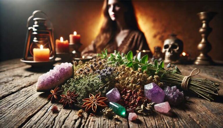 "Ervas e Cristais das Bruxas": Uma imagem de alta resolução de uma coleção de ervas secas e cristais coloridos, dispostos em uma mesa de madeira rústica. Ao fundo, há uma figura feminina que aparece parcialmente, com um semblante calmo, sugerindo um ritual de cura e proteção.