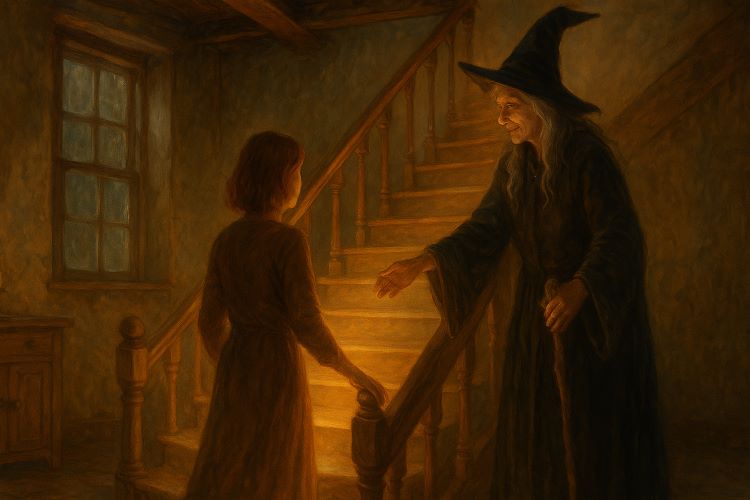 A Escada para Dentro. A porta da casa range como se despertasse de um sono muito antigo. O ar ali dentro tem cheiro de madeira molhada, resina e folhas secas.