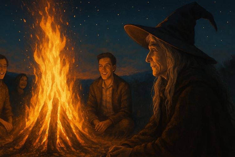 A Fogueira das Histórias Boas. À beira de uma cidade esquecida pelo tempo, havia uma clareira onde o cheiro de lenha queimada se misturava