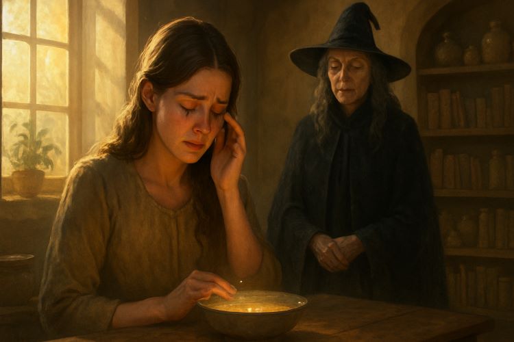 O Brilho das Lágrimas Bem-vindas. A casa da bruxa ficava entre a névoa e o silêncio, no limite onde o mundo parecia não querer mais continuar.