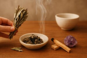 Ritual com folhas secas, incenso de palo santo. A energia de um lar influencia diretamente nosso bem-estar físico, emocional e espiritual.