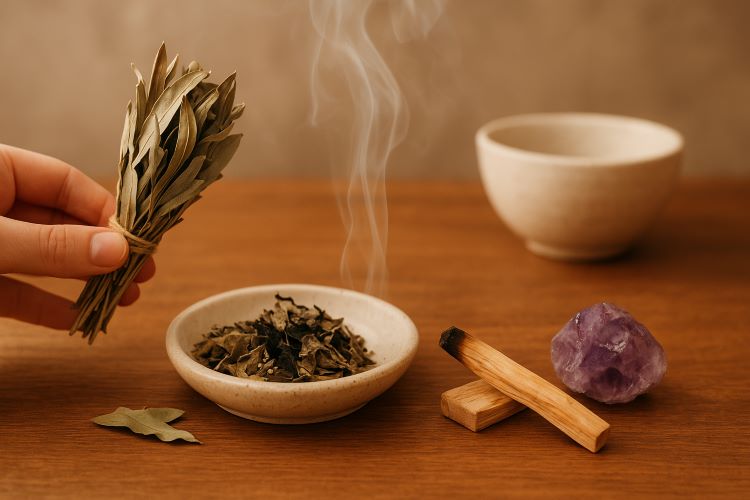 Ritual com folhas secas, incenso de palo santo. A energia de um lar influencia diretamente nosso bem-estar físico, emocional e espiritual.