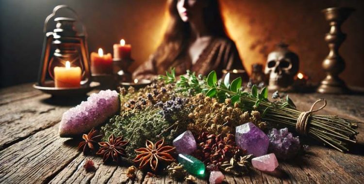 Ervas e Cristais das Bruxas "Ervas e Cristais das Bruxas": Uma imagem de alta resolução de uma coleção de ervas secas e cristais coloridos, dispostos em uma mesa de madeira rústica. Ao fundo, há uma figura feminina que aparece parcialmente, com um semblante calmo, sugerindo um ritual de cura e proteção.