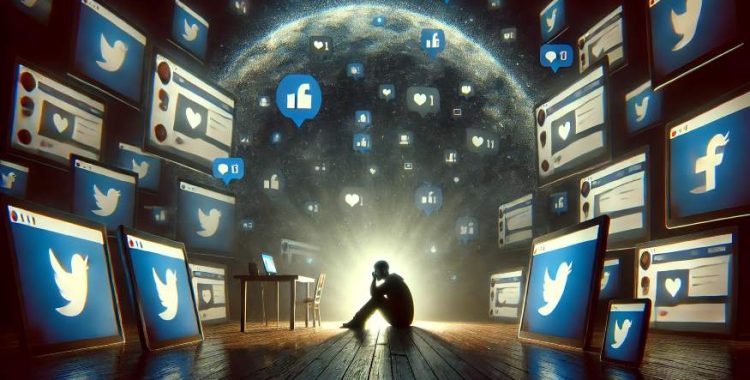DALL·E 2024-11-16 21.35.11 – A digital illustration representing loneliness in a hyperconnected world. A person sits alone in a dark room illuminated only by the glow of multiple Solidão em um Mundo Hiperconectado: O Paradoxo da Conexão Virtual. A verdadeira conexão começa de dentro. Saiba mais em nosso site